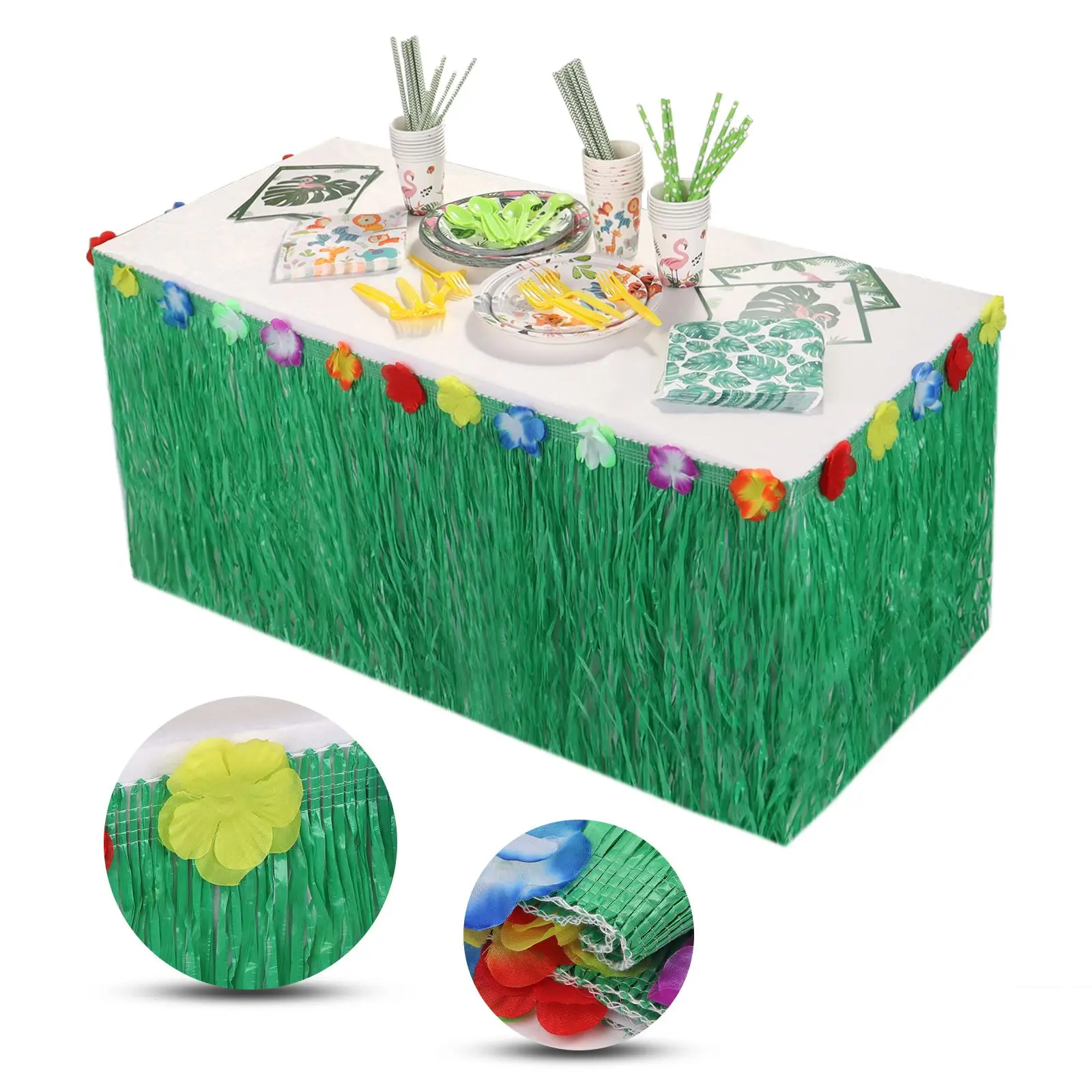 Gonna Da Tavolo Hawaiana - 276x75 Cm Con Fiori - Per Feste In Spiaggia, BBQ E Compleanni - Foto 3