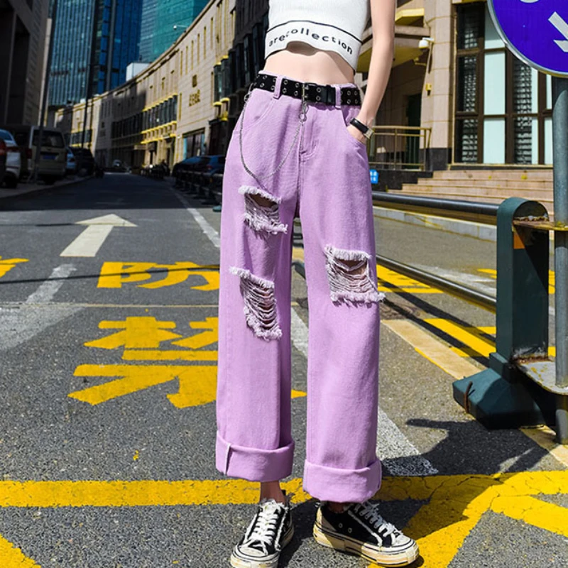 high waisted jeans JMPRS Streetwear Women Jeans High Waist Ripped Loose Straight Denim Pants Summer Fashion Hole Y2k Female Baggy Jeans New straight jeans