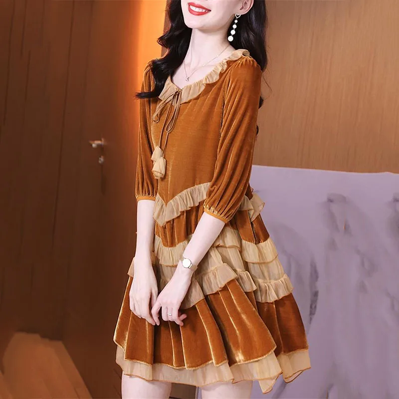 

Fashion Vintage Lotus Leaf Collar Tie Dress 2024 New Spring Autumn Clothing Women's Dresses Vestidos A-Line Elegant Ladies Dress