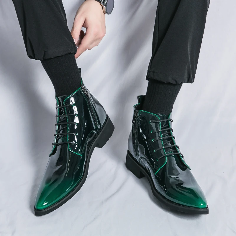 Luxury Chelsea Boots Men's Shiny Leather Shoes Pointed High Top Shoes Men's Banquet Dress Shoes High-end Purple Red Short Boots