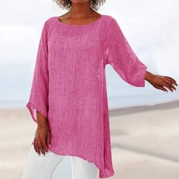 Cotton Linen T-Shirt Women Loose Irregular Hem Long Sleeve Solid Color Plus Size Blouse Shirt Ladies Summer 4
