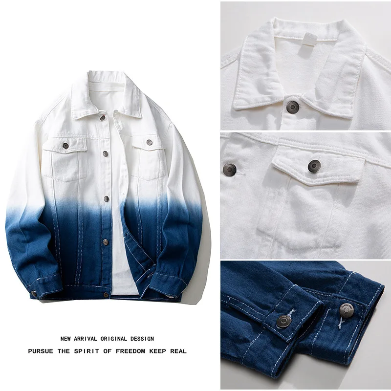 

2024 Men's Spring Hole Dyed Gradient Color Denim Jacket Teenagers Fashion Loose Casual Jacket