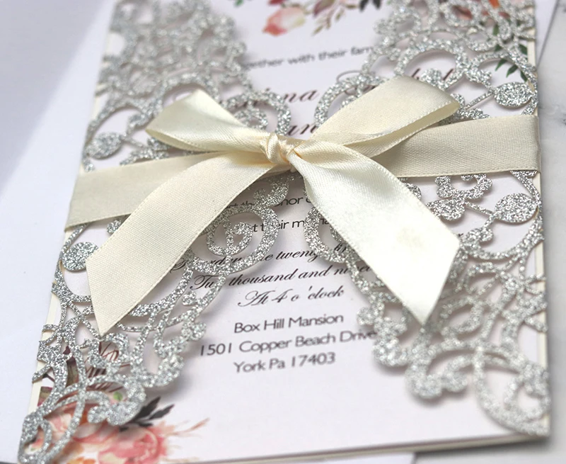 10PCS Laser Cut Blue Glitter Wedding Invitations with Ribbon – Elegant Gold Glitter Gre... - SKU LCIC0857 - UGI Packaging