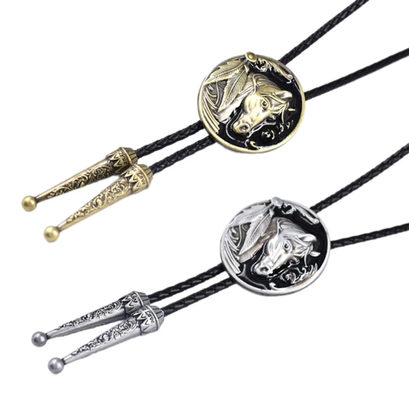 

Q0KE 2pcs Adjust Length Bolo Tie Popular Cowboy Teens Male Women Dance Necktie Goth Shirt Relief Horse Head Buckle Pendant