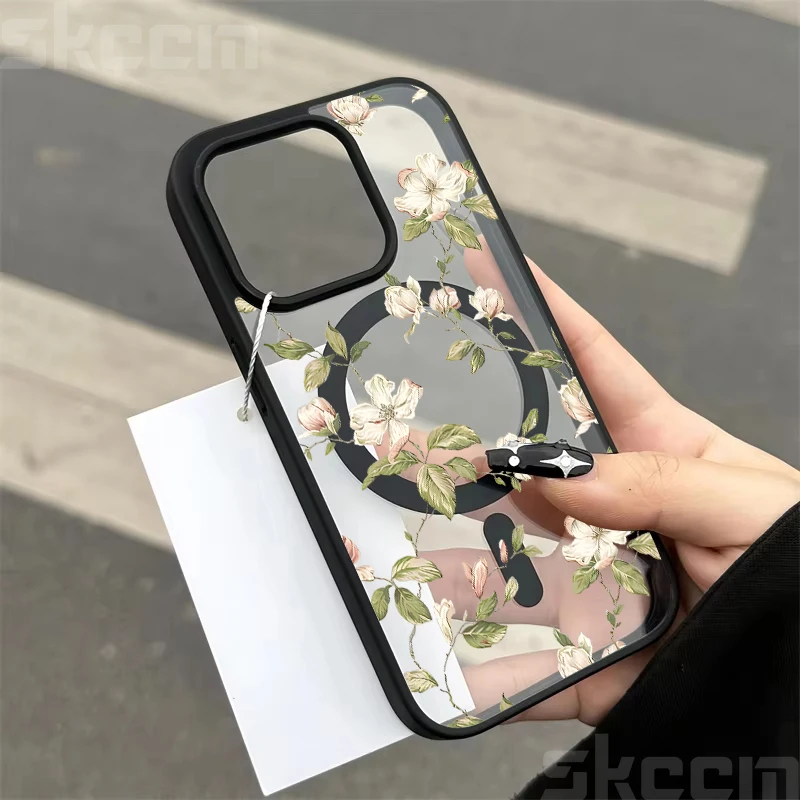Charming Floral Design Matte Magnetic Clear Phone Case with Wireless Charging Capability