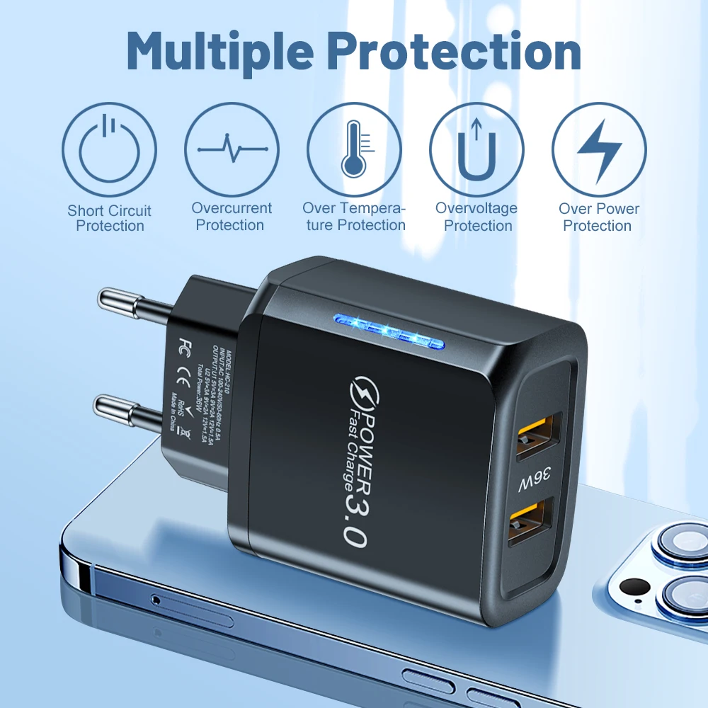 Universal USB Charger 36W Phone Adapter Charger Dual USB Fast Chargers for iPhone 17 Xiaomi Huawei Travel Charging Wall Adapter