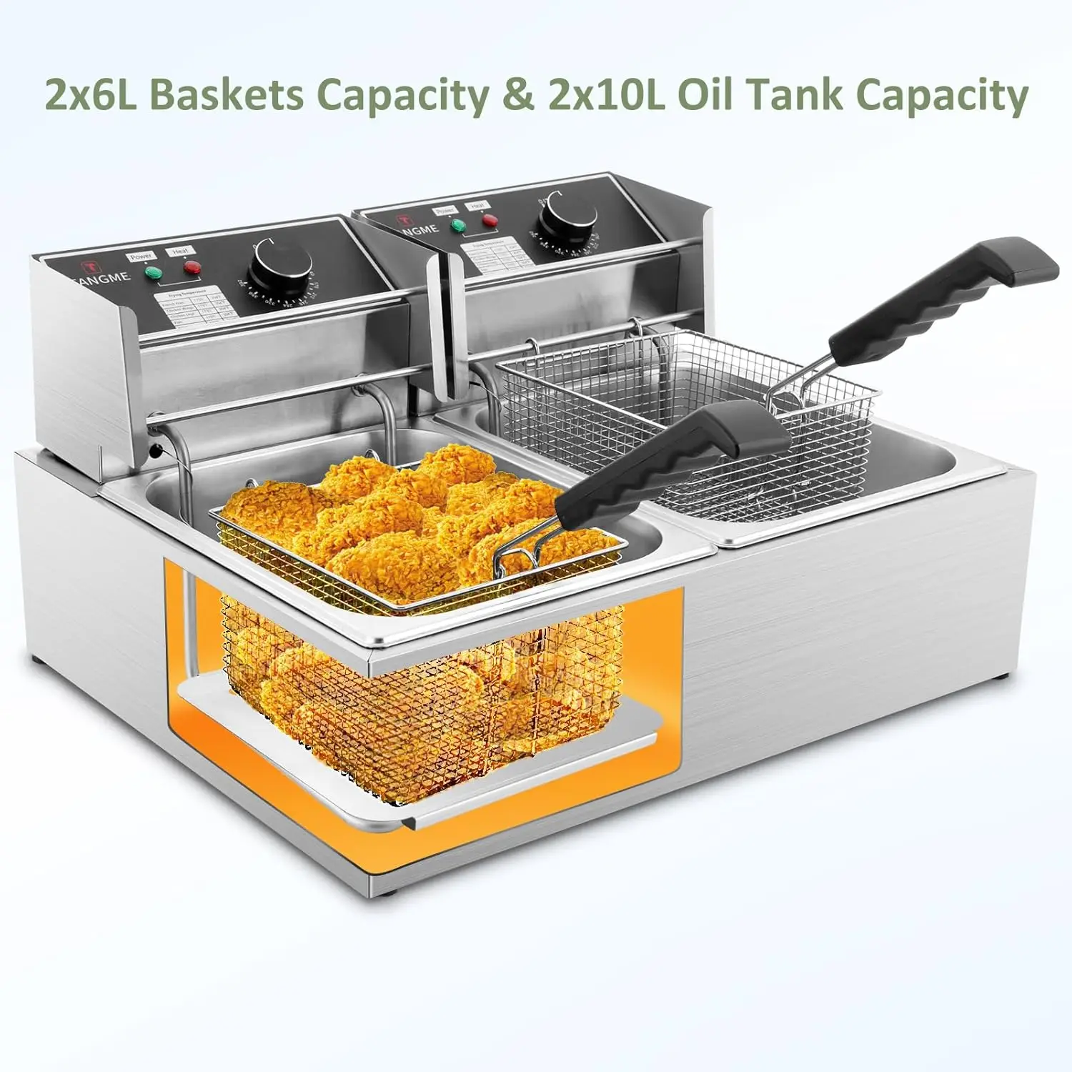 Deep Fryer 3400W Electric Deep Fryers with 2x6.35QT Baskets 0.8mm Thickened Stainless Steel Countertop Oil Fryer 20.7QT