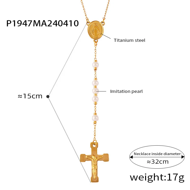 Moderne Edelstahl Lange Kreuz Anhänger Halskette für Frauen Imitation Perle Blau Kristall Perlen Kette Elegante Schmuck Geschenk – Detail 4