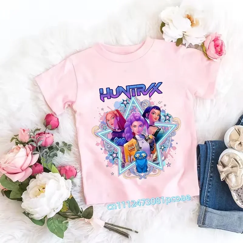 Children's Anime-Inspired Demon Hunters T-Shirt - K-pop Cartoon Pattern, Casual Girls' Top, Gift Option