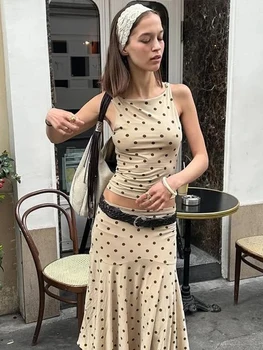 Weird Puss Polka Dot Print 2-Piece Set Women Elegant o-Neck Skinny Tank Tops+Fold Mid Skirts Sweet Summer Trend Matching Suits