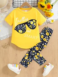 Girls' Summer Cotton Clothing Set - Short Sleeve Top & Pants, Ages 4-7, 2-Piece Outfit, Kids Birthday Gift - 7T(Size 140) (Yellow)