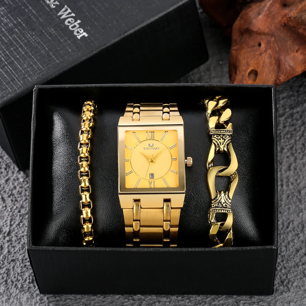 Luxury Golden Watch For Men Unique Square Dial Wristwatch Bracelets