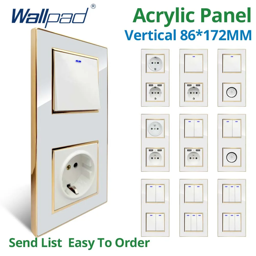 Wallpad Vertical 86*172 mm Painel Acrílico Branco Ouro Fronteira Parede Interruptor de Luz Carga Usb Tomada da ue Gang Vias