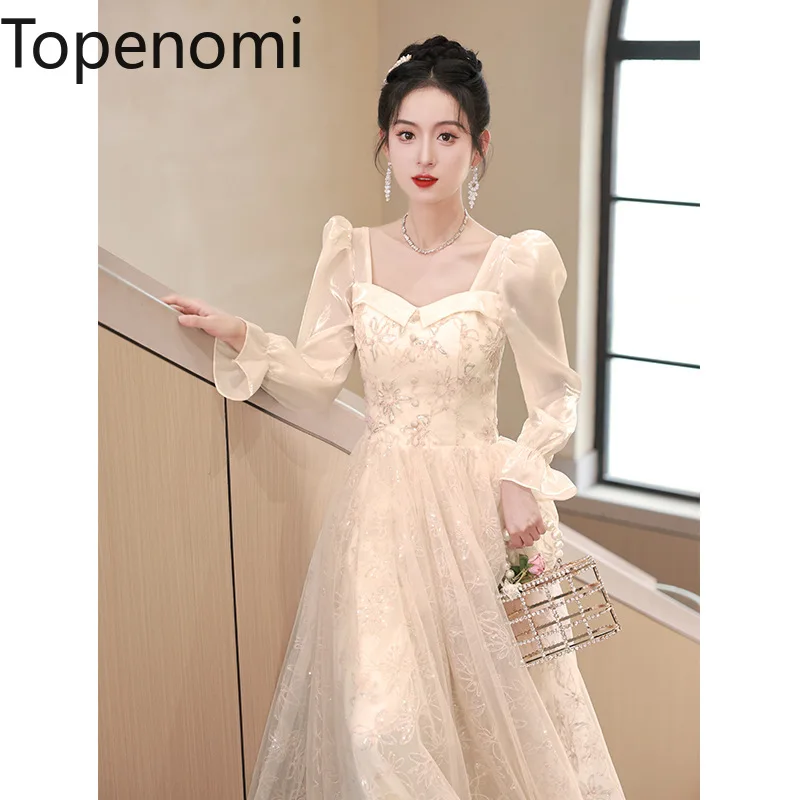 

Topenomi French Sweet Embroidery Tulle Evening Dresses Women Long Sleeve Fairy Slim Waist Prom Host Gown Fashion Formal Vestidos