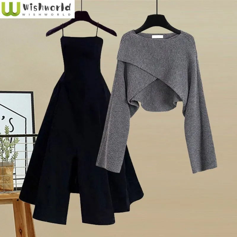 Spring and Autumn Set Women's 2023 New Korean Fashion Cross Knitted Sweater Age Reducing Sling Dress Two Piece Set