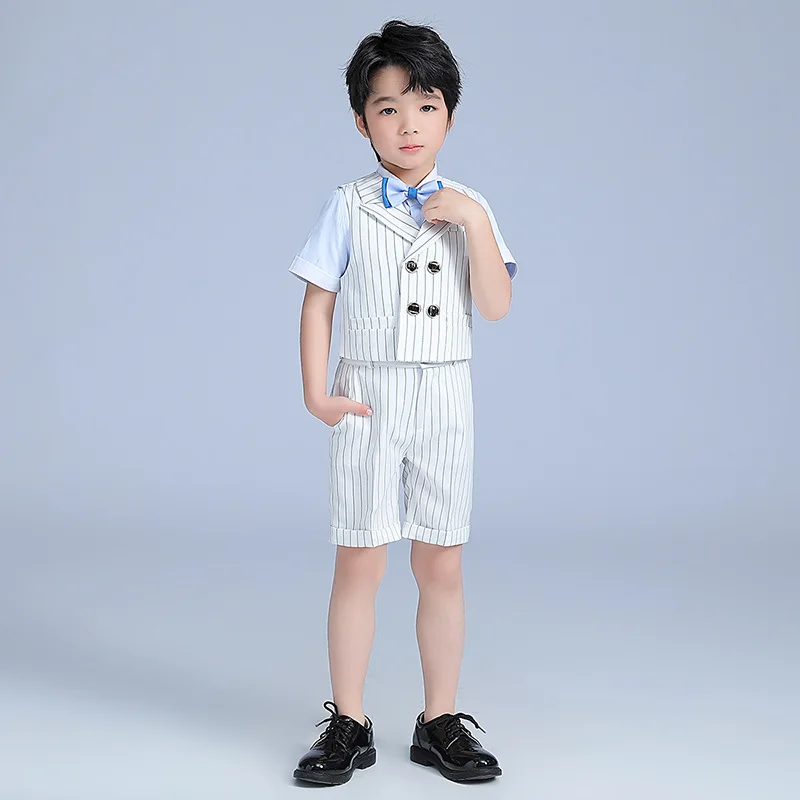 

Child Fomal Dress Suit Set British Style Baby Boys Wedding Birthday Party Performance Costume Kids Blazer Pants Bowtie Clothes