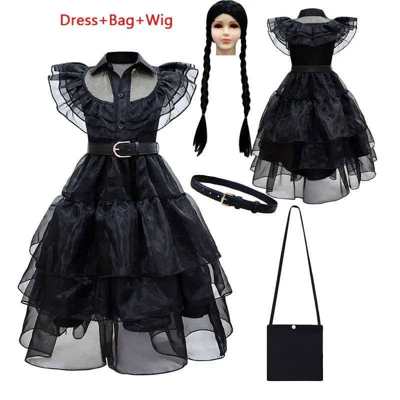 

Hot Sale Wednesday Cosplay Dresses Movie Addams Costume Gothic Wind Vestidos Mesh Party Gown Kids Girls Halloween Carnival Dress
