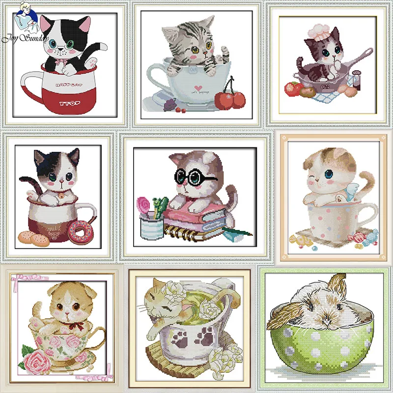 Teacup Animals Cats and Rabbits Cartoon Print Cross Stitch Aida 14CT 11CT Fabric Needle Thread Embroidery Set DIY Kids Craft Kit cross stitch kit cross stitch tools
