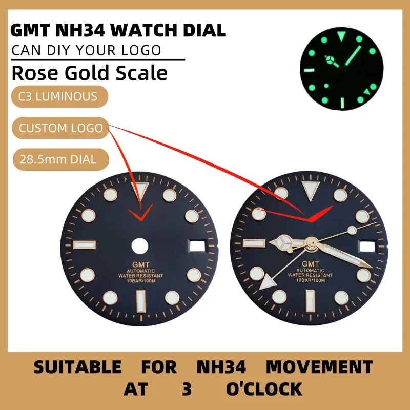GMT 28.5mm rose gold scale black watch dial suitable for NH34 NH35 NH36 movements luminous hands