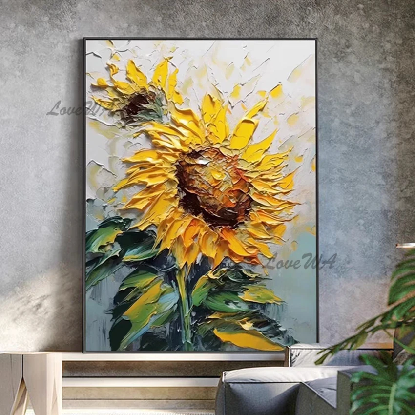 Hand-painted Abstract Oil Painting, Sunflowers Mural, Thick