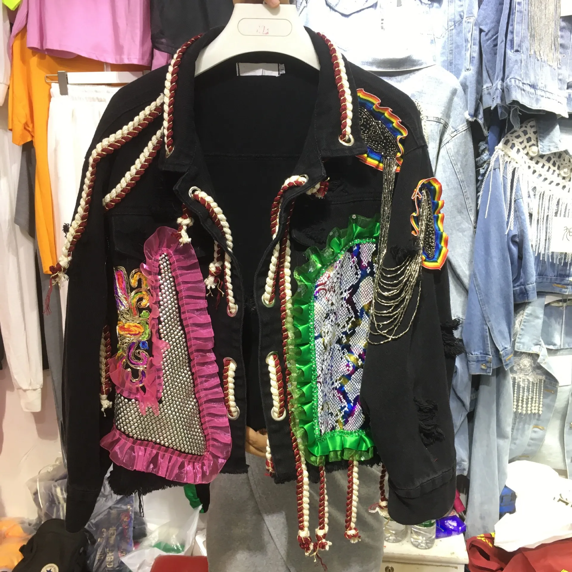 

Новинка весна-осень 2022, джинсовая куртка Burr для тяжелой промышленности, джинсовая куртка контрастных цветов с дырками и бриллиантовой сеткой, джинсовые куртки в стиле Харадзюку