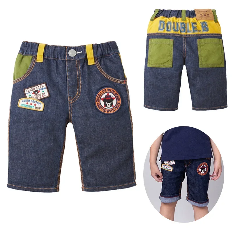 

Miki Children's Clothing Summer New Boy Cartoon Black Bear Emblem Embroidered Color-block Shorts Six-point Pants