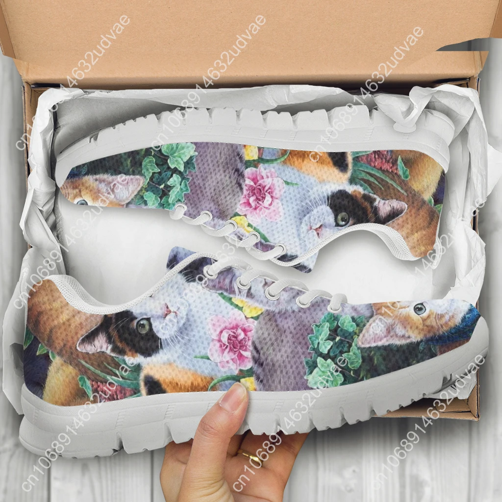 Women's Cat Print Shoes Cartoon Cat Comfortable Breathable Fashion Sneakers Gift For Cat Lovers White Casual Shoes