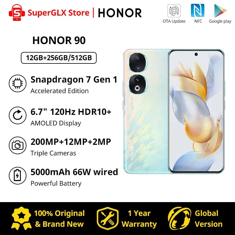 New Global Version HONOR 90 5G 200MP Ultra-Clear Camera Snapdragon 7 Gen 1 5000mAh Battery Life 66W Supercharger 120Hz Display