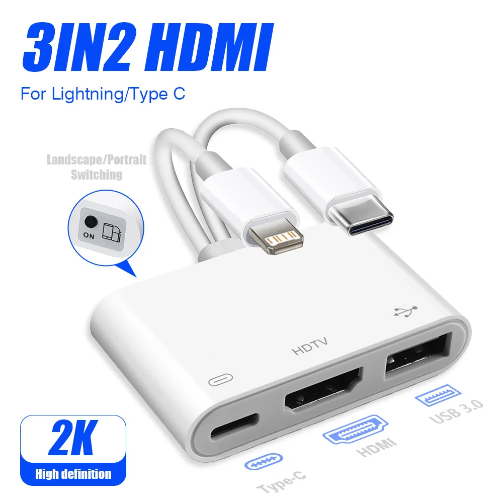 Multi-Purpose Lightning/USB-C to HDMI & USB 3.0 Adapter with Charging Port and HD Sync