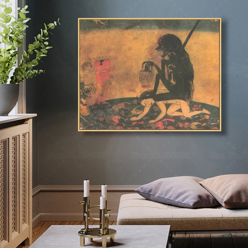 La Dea Kali Battlefield Eulogized By The Gods Brahma Shiva Vishnu Canvas Painting Basohli India Wall Art Decor