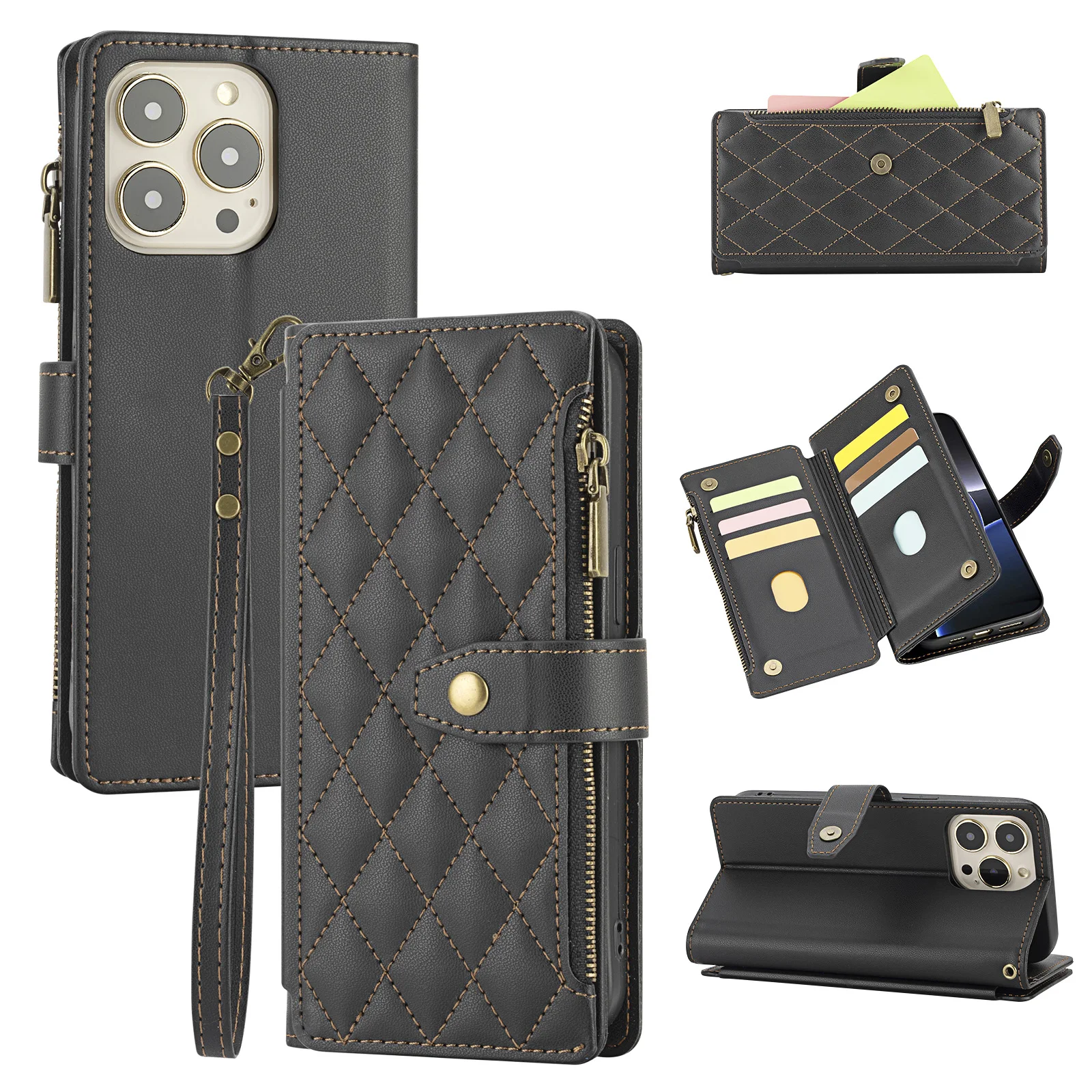 Premium Faux Leather Wallet Phone Case with Card Holder, Wrist Strap, and Zipper Coin Pocket