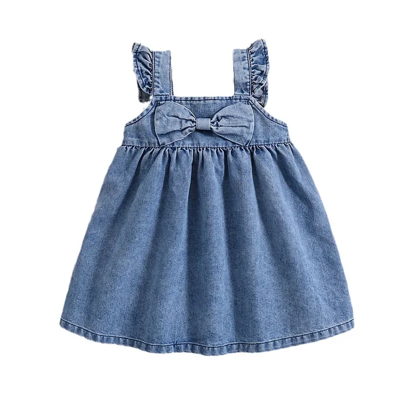 2024 New Summer Children's Clothing Girl's Cute Bow Princess Dress Flare Sleeve Solid Denim Vest Dresses Kid's Outwear images - 6