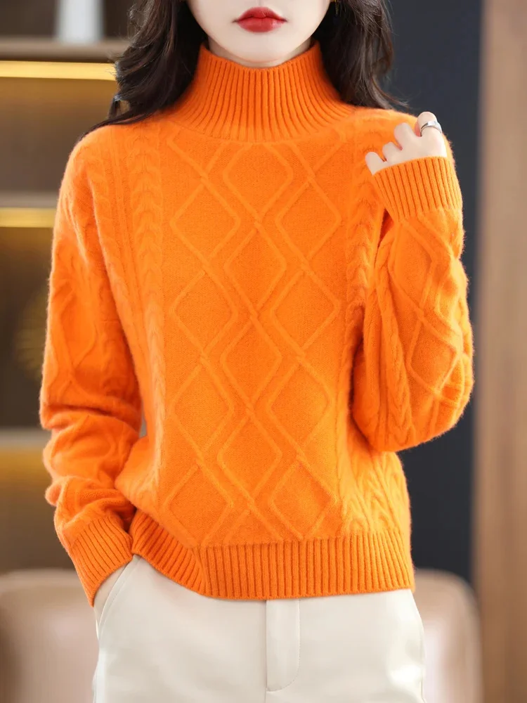 

2023 Autumn Winter New Cashmere Sweater Women Turtleneck Sweater Loose Pulr 100% Pure Wool Long Slve Base Knit