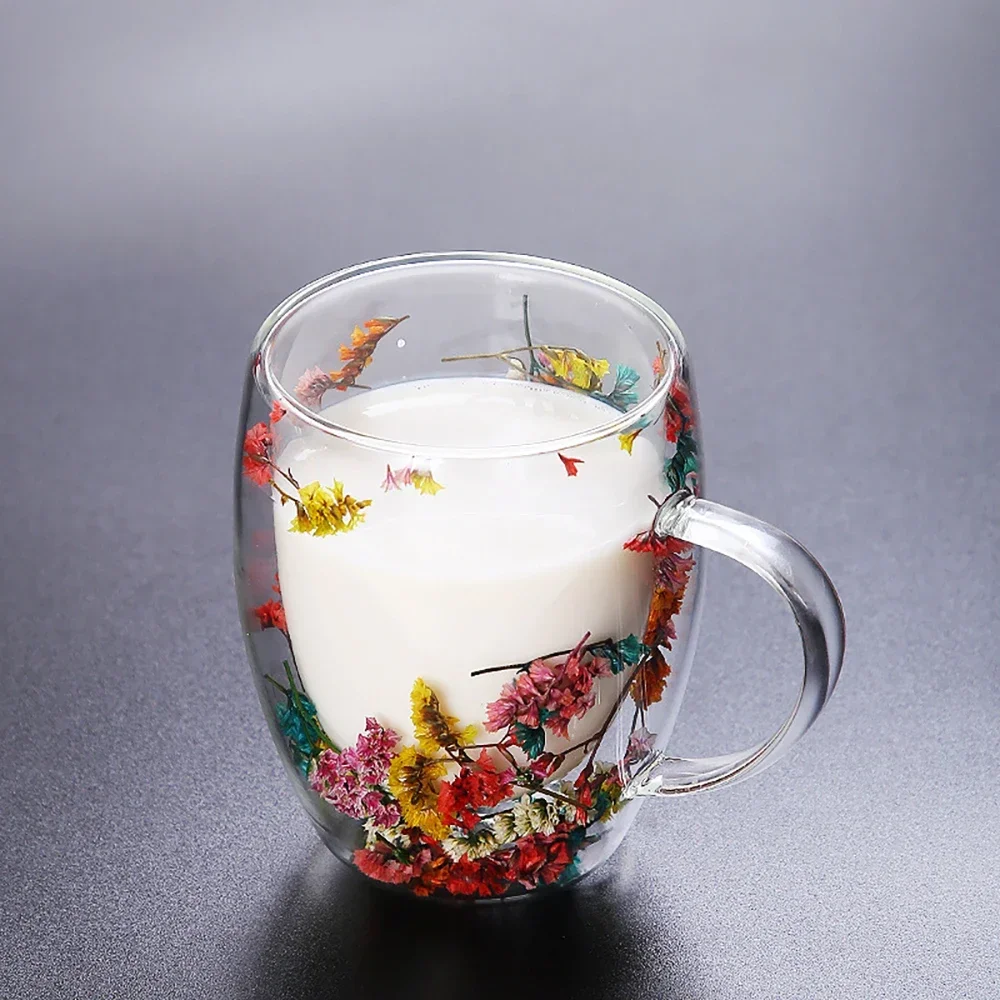 Double Wall Glass Heat Resistant Tea Coffee Cups Dry Flowers