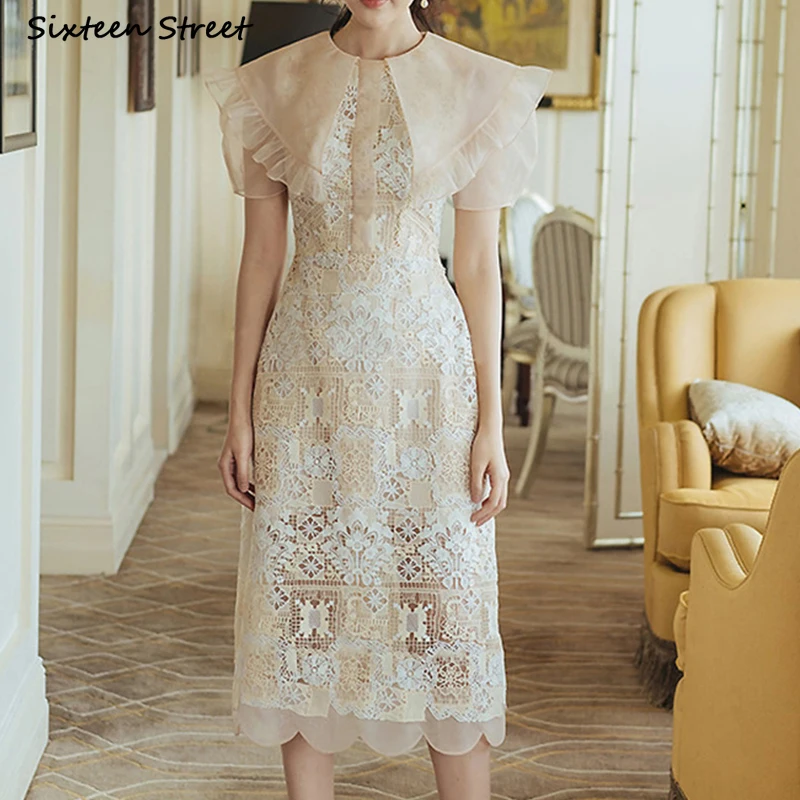 

2023 Vintage Dress for Women Hook Flower Hollow Big Collar Bodycon Dress Woman Short-sleeve Elegant Party Clothing Summer Spring