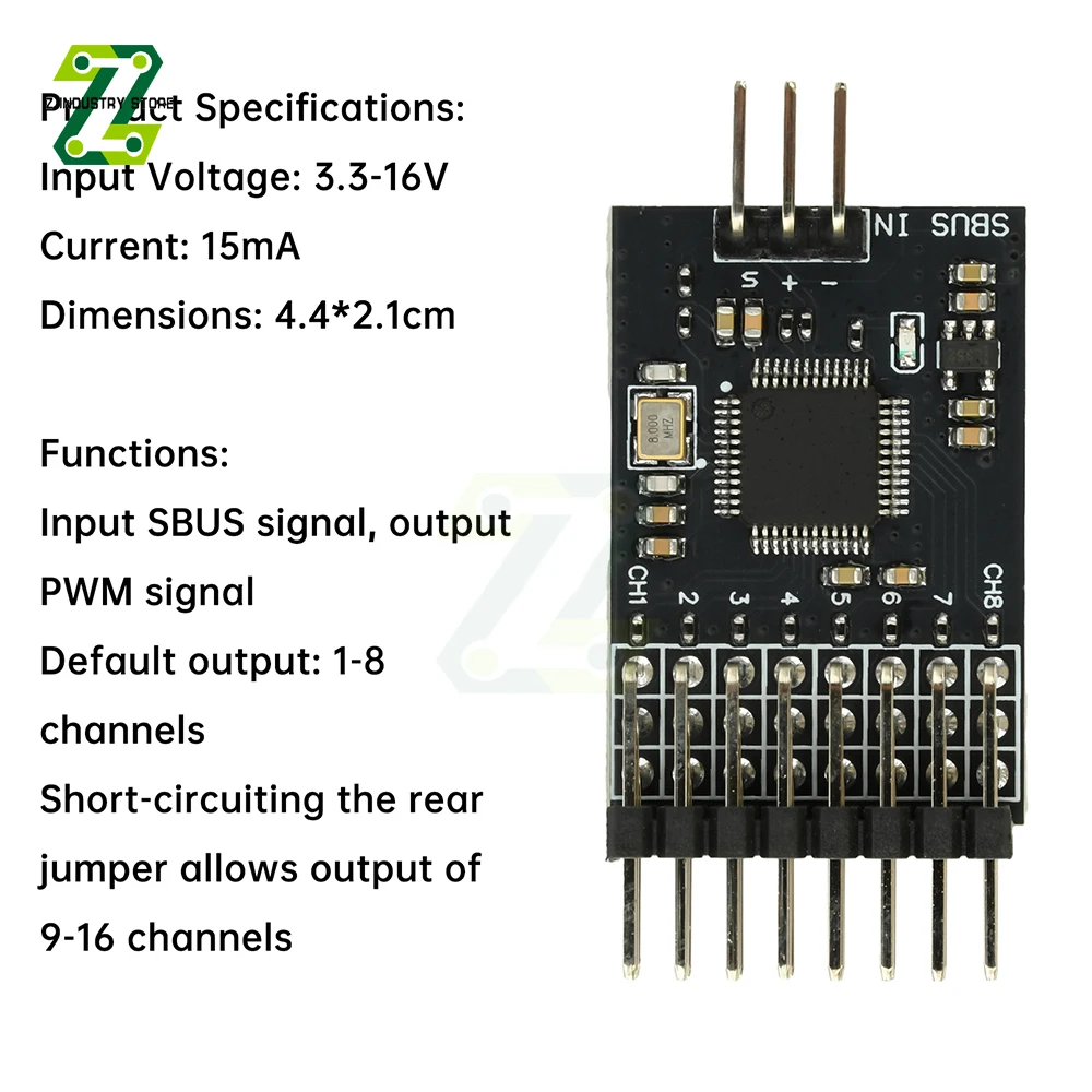 Convertisseur SBUS vers PWM 8 canaux branché sur un récepteur, câbles servo connectés.