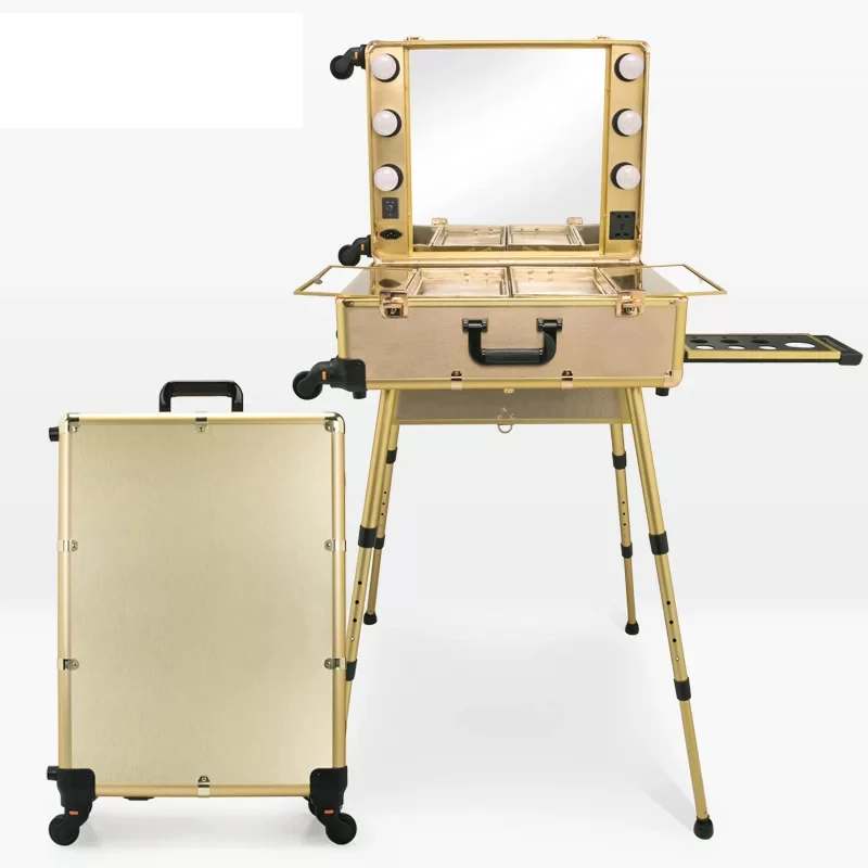 Professional Rolling Cosmetic Case Beauty Makeup Trolley suitcase LED Light Mirror Box Pink Luggage Aluminum frame Folding table travel luggage