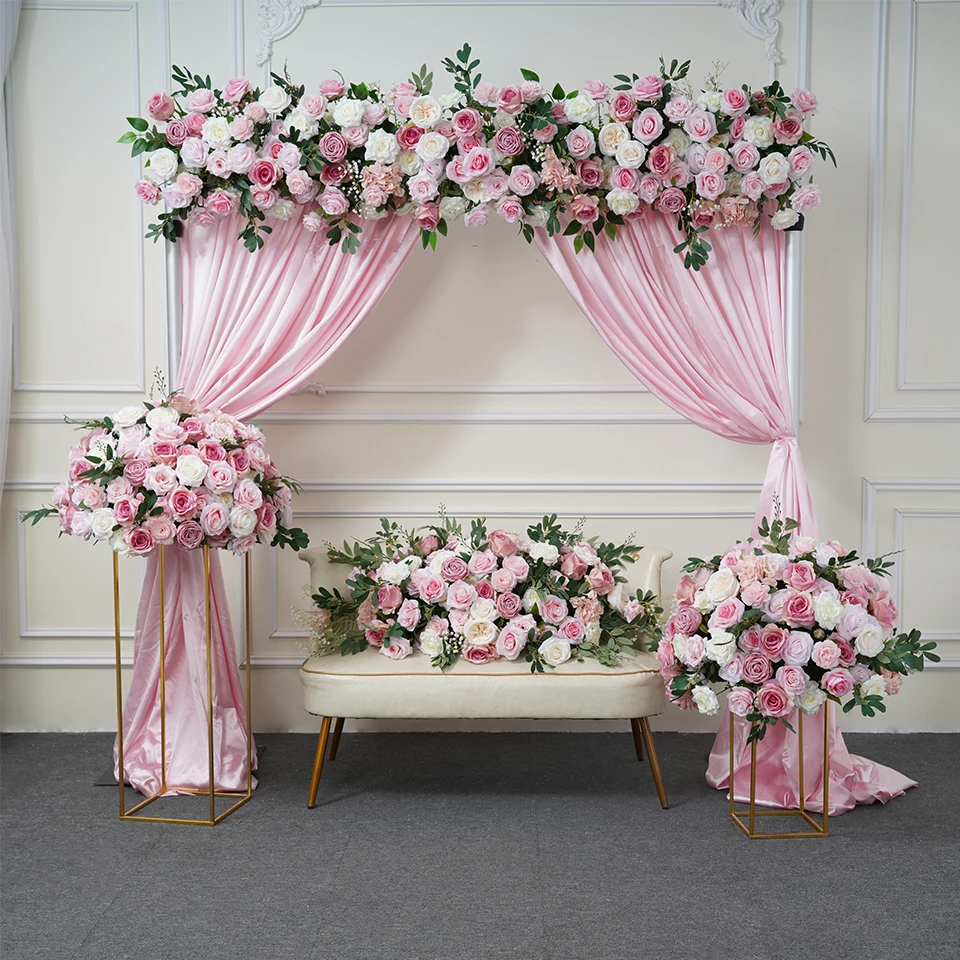 Description Picture 2 of itemPeach Pink White Wedding Backdrop Arch Decor Floral Arrangement Rose Baby Breath Green Leaf Party Event Table Centerpieces Ball