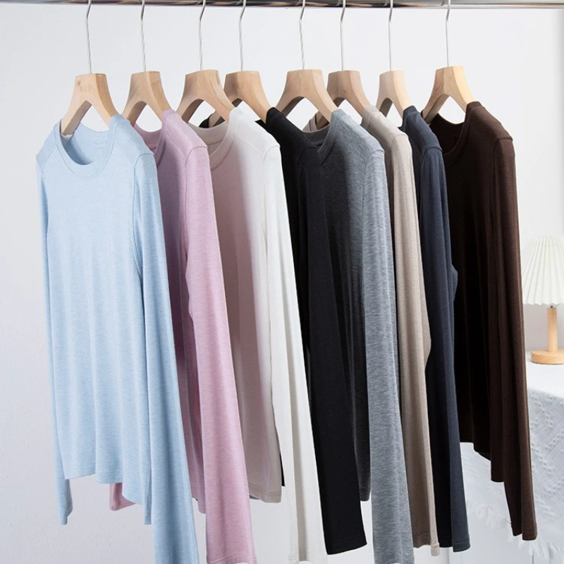 Silk Wool Splice Long Sleeve T-shirt Women Spring Summer Thin Soft Waxy Fit Solid Color Backing Top
