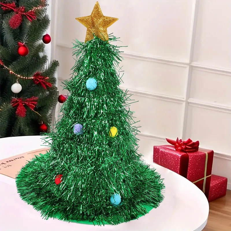 Christmas Tree Hats Fabric Rain Silk Hat for Adults Kids Funny Santa Hat with Tinsel Xmas Holiday Party Costume New Year Decor