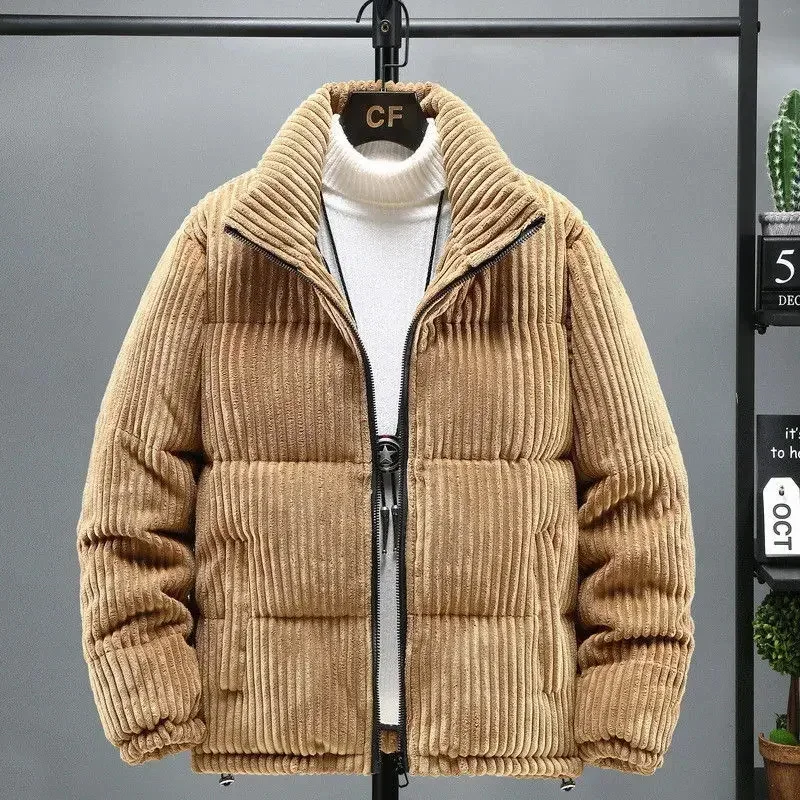 

Winter Men Clothing Thick Warm Corduroy Puffer Jacket Parka Vintage Casual Loose Stand Collar Zipper Cotton-padded Coat