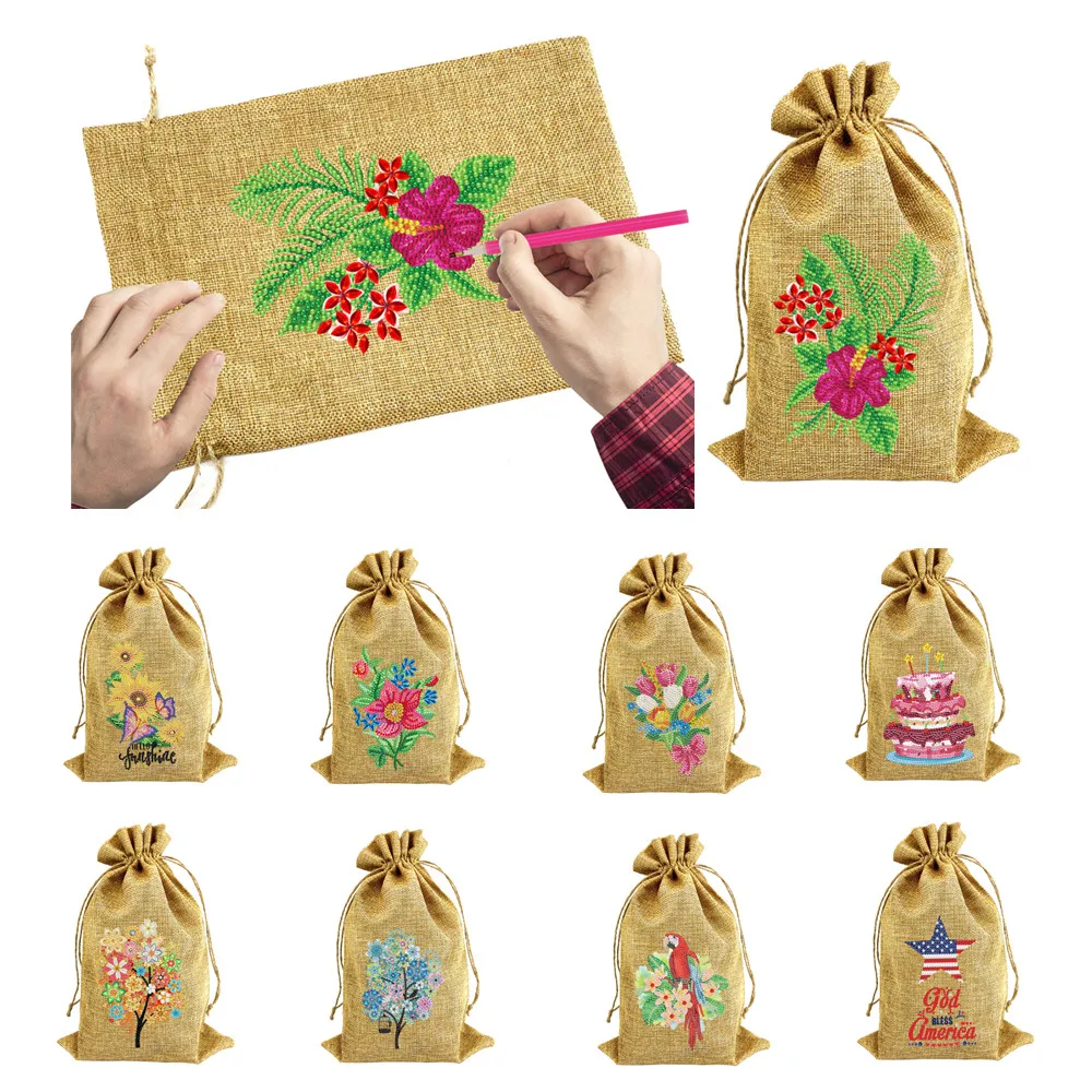

DIY Linen Bag flowers Diamond Paintinting Christmas Candy Bag Diamond Mosaic Embroidered Birthday Linen Storage Eco Bag