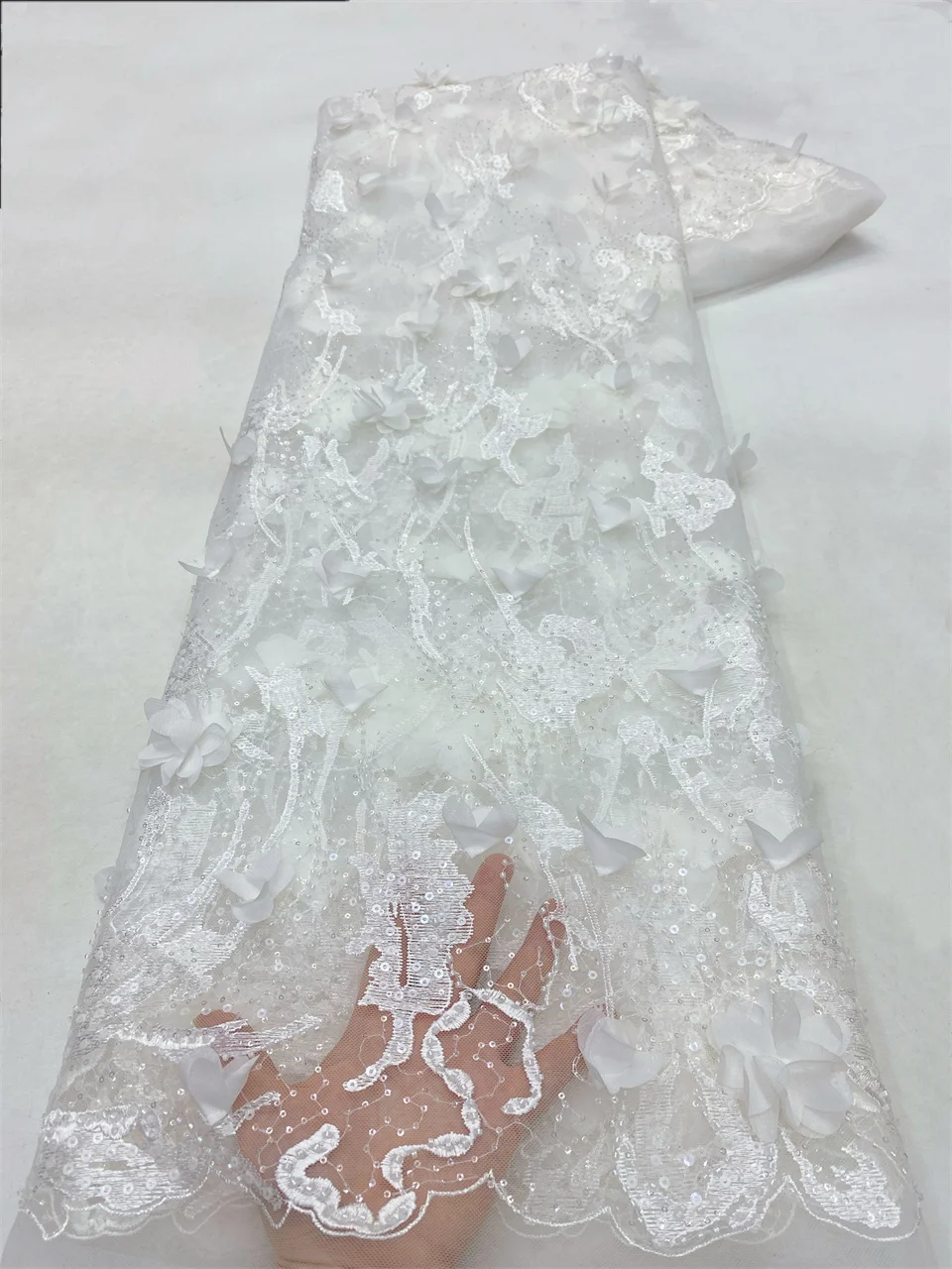 African Lace Fabric French 3D Flower Sequins Embroidery Beads Tulle Lace Fabric For Party Dress