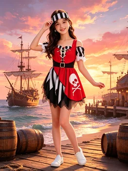 Costume da pirata per ragazze, abito da buccano a righe per la festa di Halloween