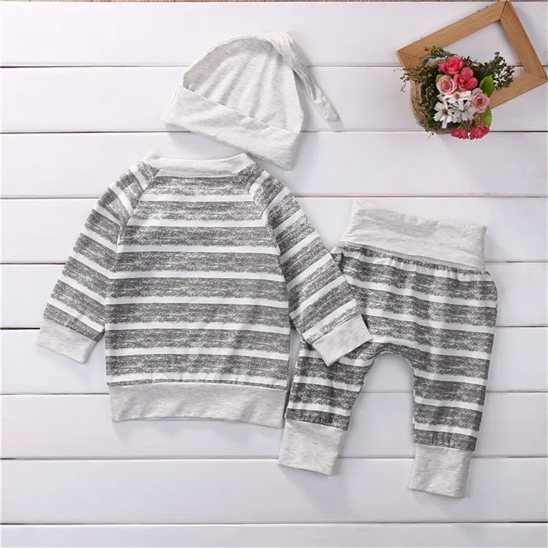 0-18months Baby Boys 3pcs Clothes Set Wide Striped Top Long Drawing Straps Elastic Band Pant Beanie Hat Outfit For Infant Boys 2
