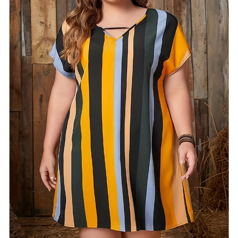 Plus Size Women Casual Striped O Neck Short Sleeve Loose Dress