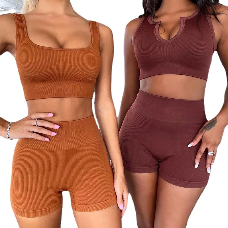 Knitted sexy women's sports short sleeved shorts fitness suit seamless yoga suit set