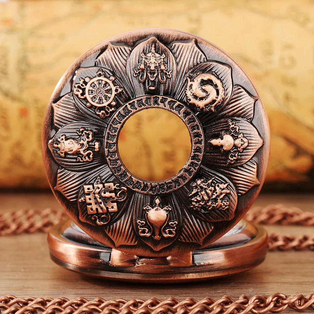 Reloj de bolsillo de cuarzo con patrón de loto para hombre y mujer, pulsera con colgante de cadena, Estilo Vintage, oro rosa, antiguo, Steampunk
