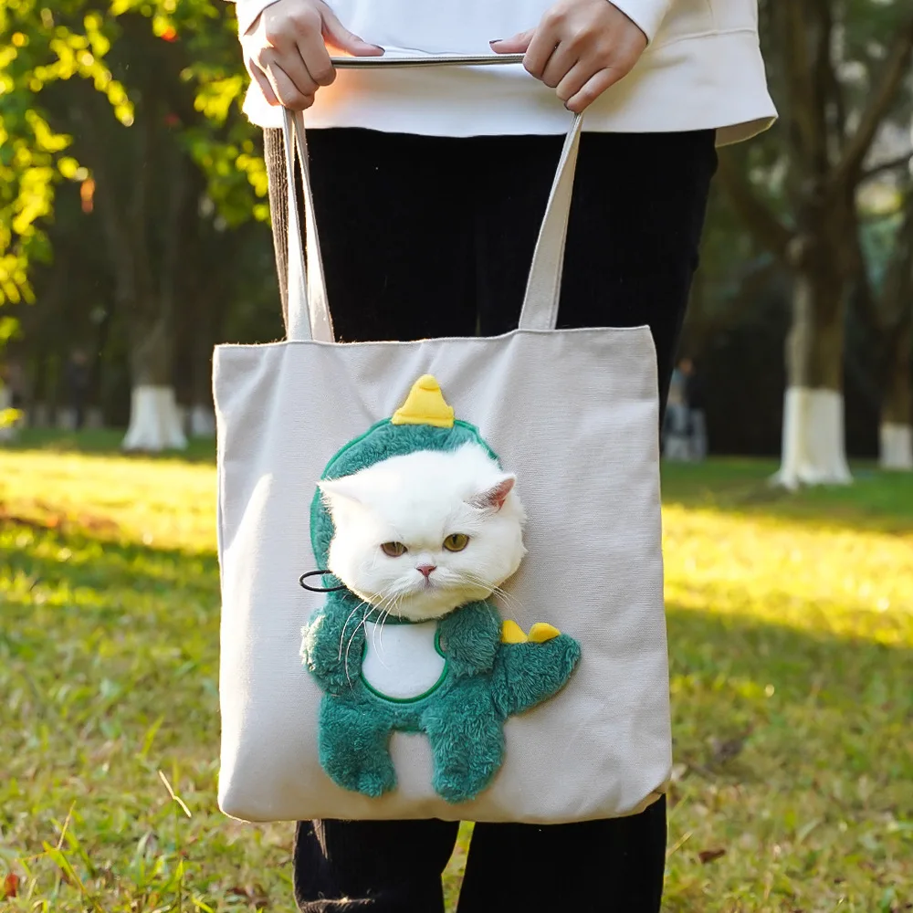 Pet Canvas Shoulder Bag Bee Rabbit Dinosaur Shape Cute Cat Carrier Portable Shoulder Carrying Bag Chest Cat Outdoor Tote