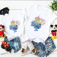 New Watercolor Castle Stitch Print Family Matching Shirts Funny Family Look Dad Mom Kids Tees Tops First Disneyland Trip Outfits 1